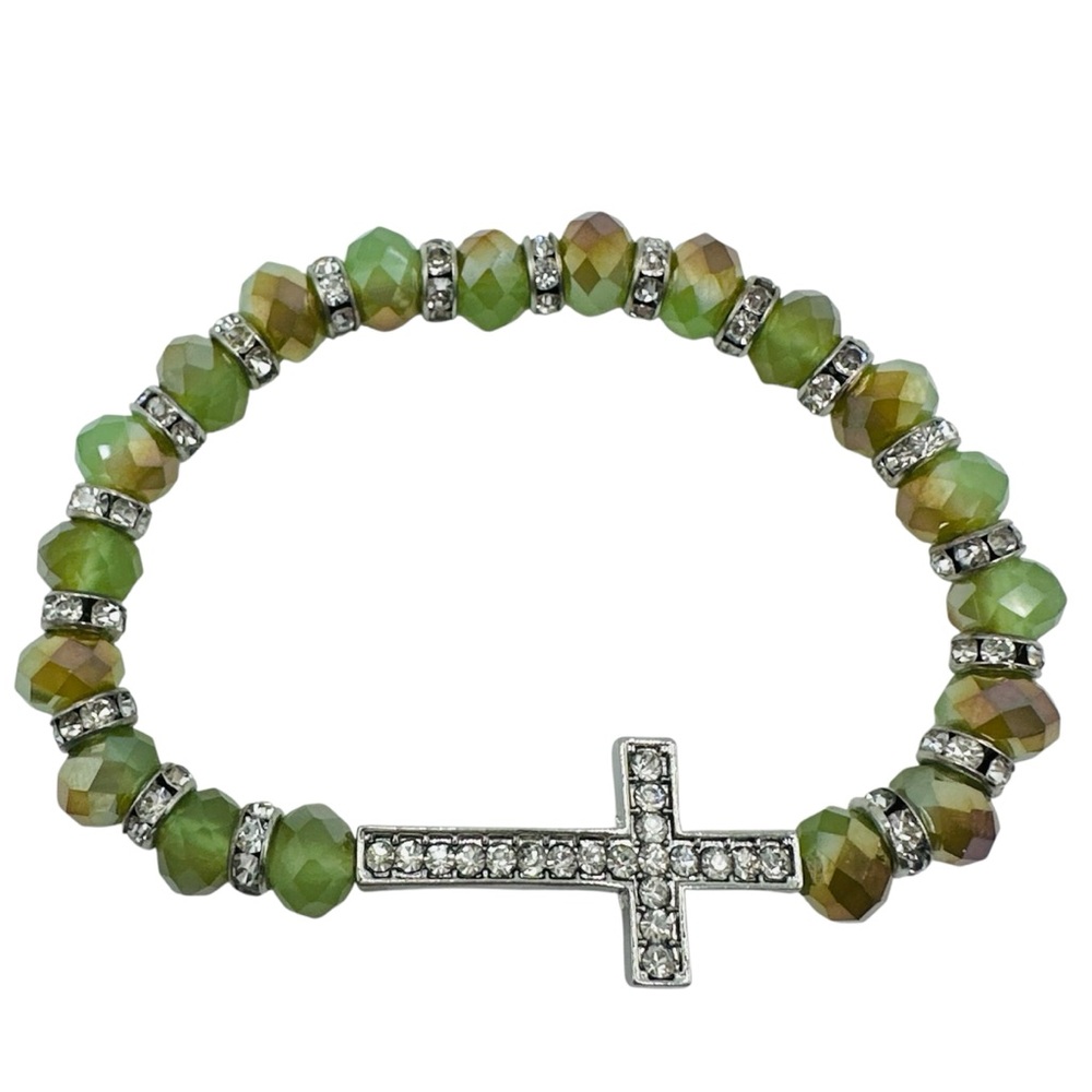 Sideways Cross Green / Brown Glass Beaded Stretch Bracelet